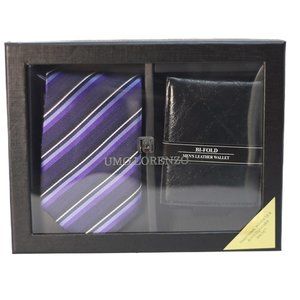 Traditional Purple and white woven tie and bi-fold black leather wallet